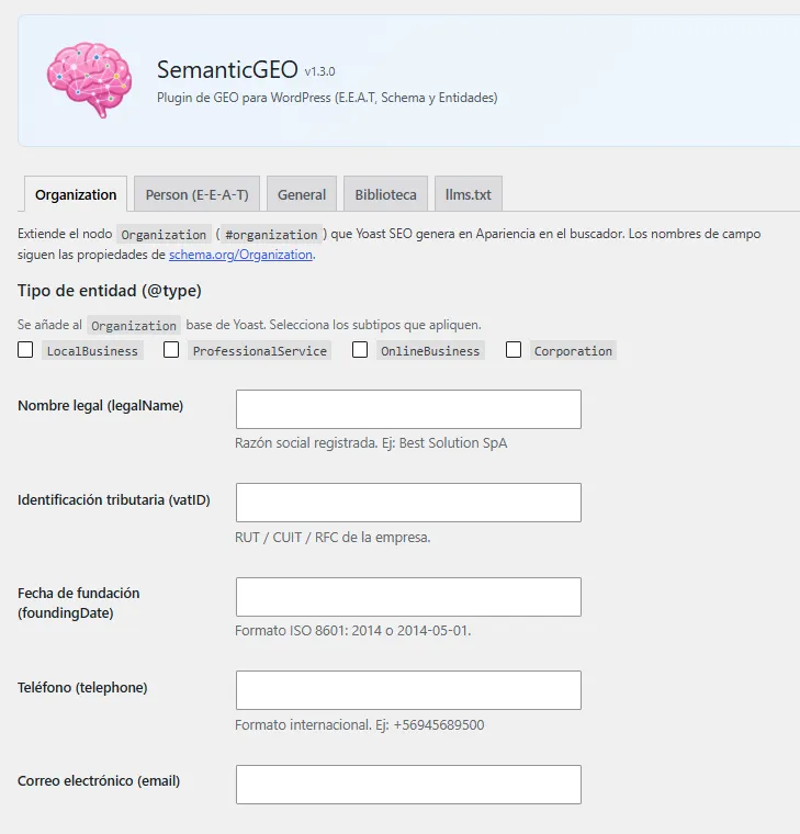 Panel de administracion de SemanticGEO: configuracion del nodo Organization con tipo de entidad, nombre legal, RUT y datos de contacto